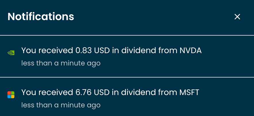 Notification interface showing dividend payment alerts and tracking dashboard