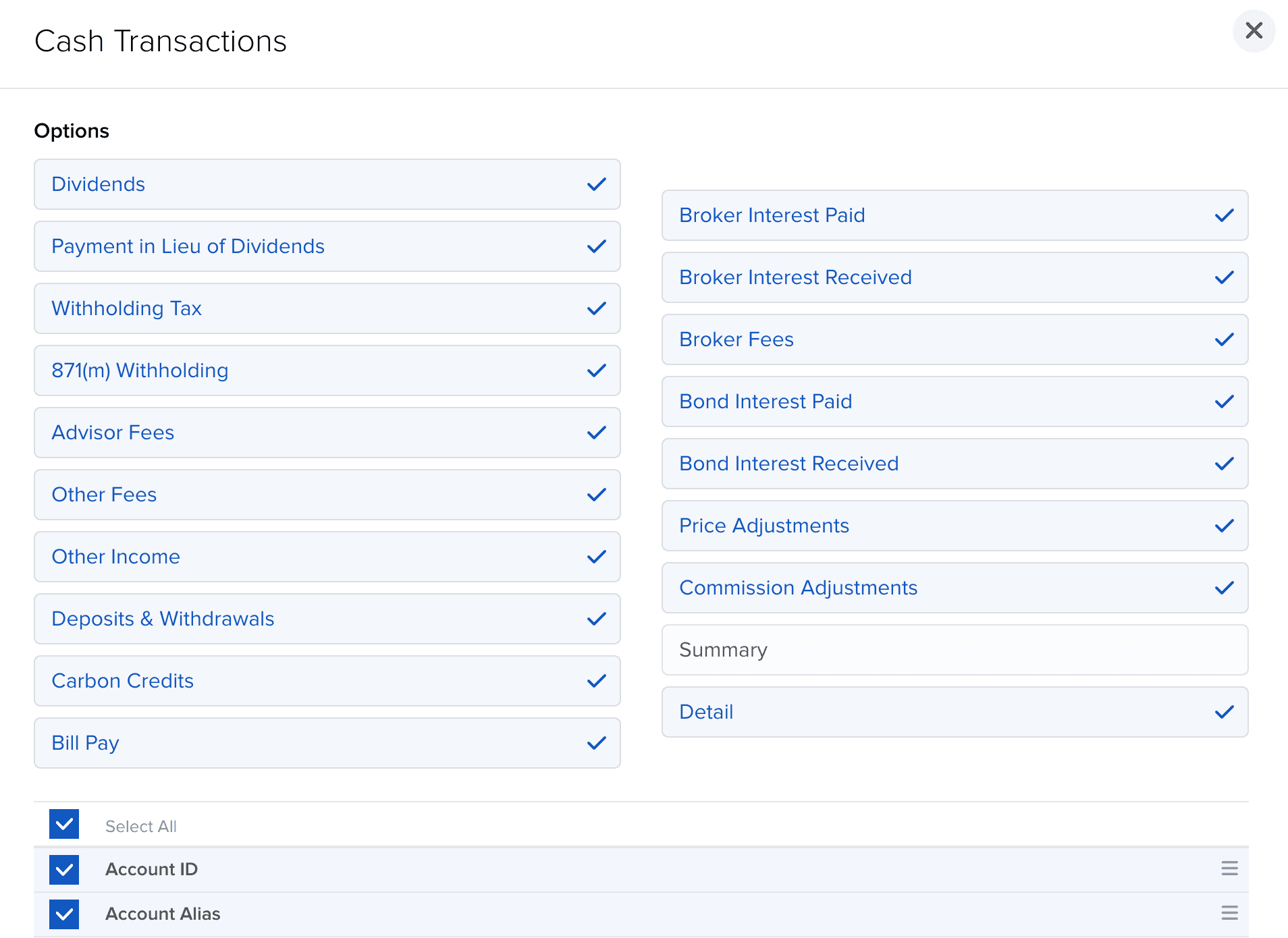 Check "Select All" at the top, scroll down and save the settings by clicking on "Save" button at the bottom of the modal