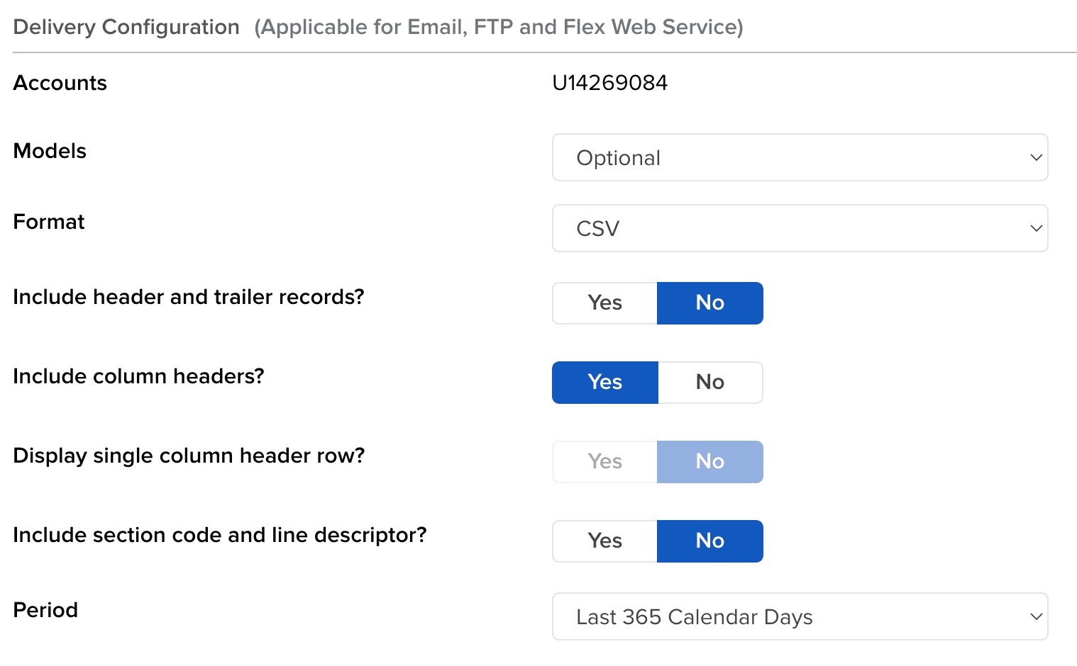Select your desired period, set CSV format, and click Run to export trades