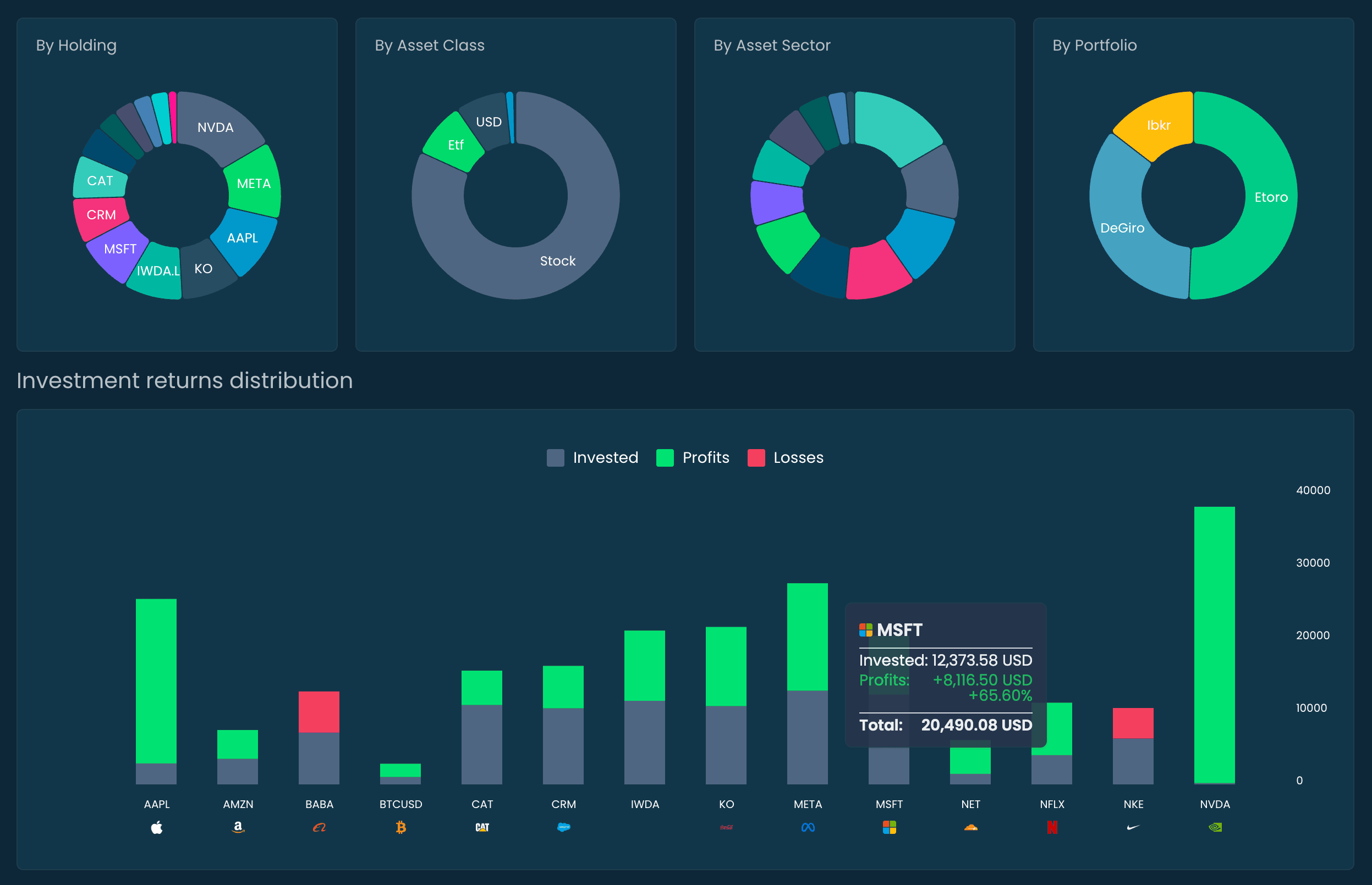 Interactive dashboard showing comprehensive portfolio visualization with holdings breakdown and asset class distribution