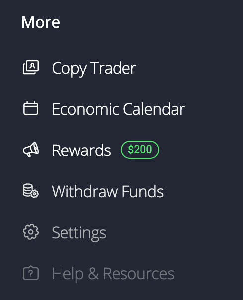 Etoro left menu with Settings highlighted