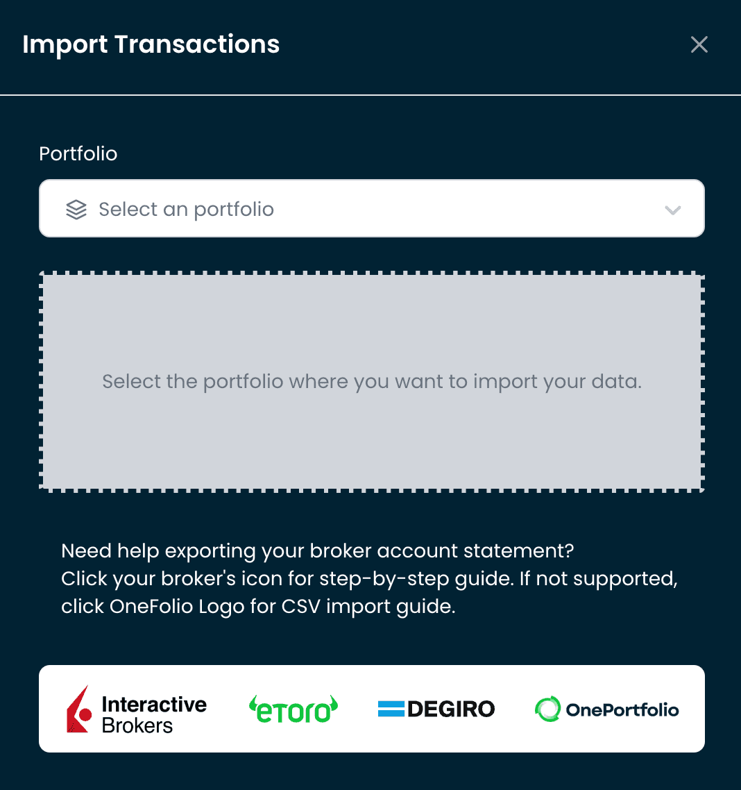 Import transactions page where you can drag and drop your exported file